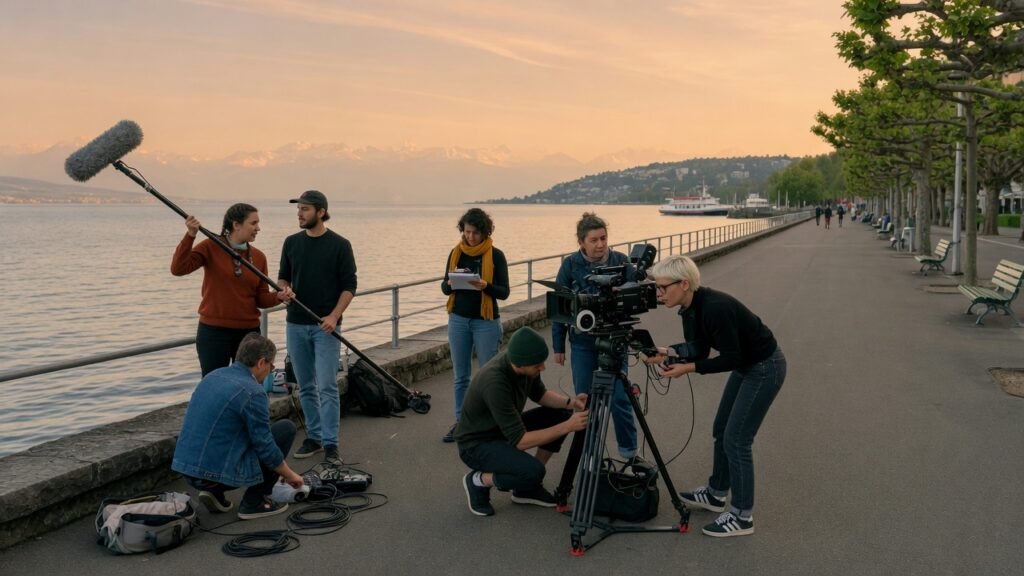 Équipe de tournage au bord du lac Léman, à Lausanne